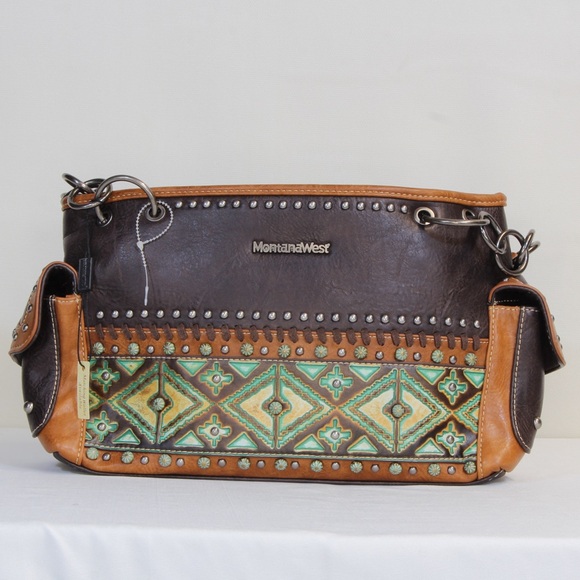 Montana West Concealed Carry Brown Aztek Western Tooled Leather Purse NWT - Picture 1 of 9